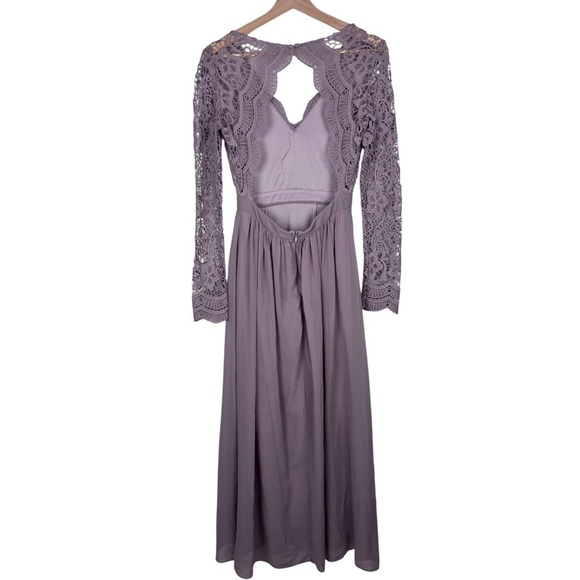 LULUS AWAKEN MY LOVE DUSTY LAVENDER LACE LONG SLEEVE CHIFFON MAXI DRESS - Picture 4 of 14